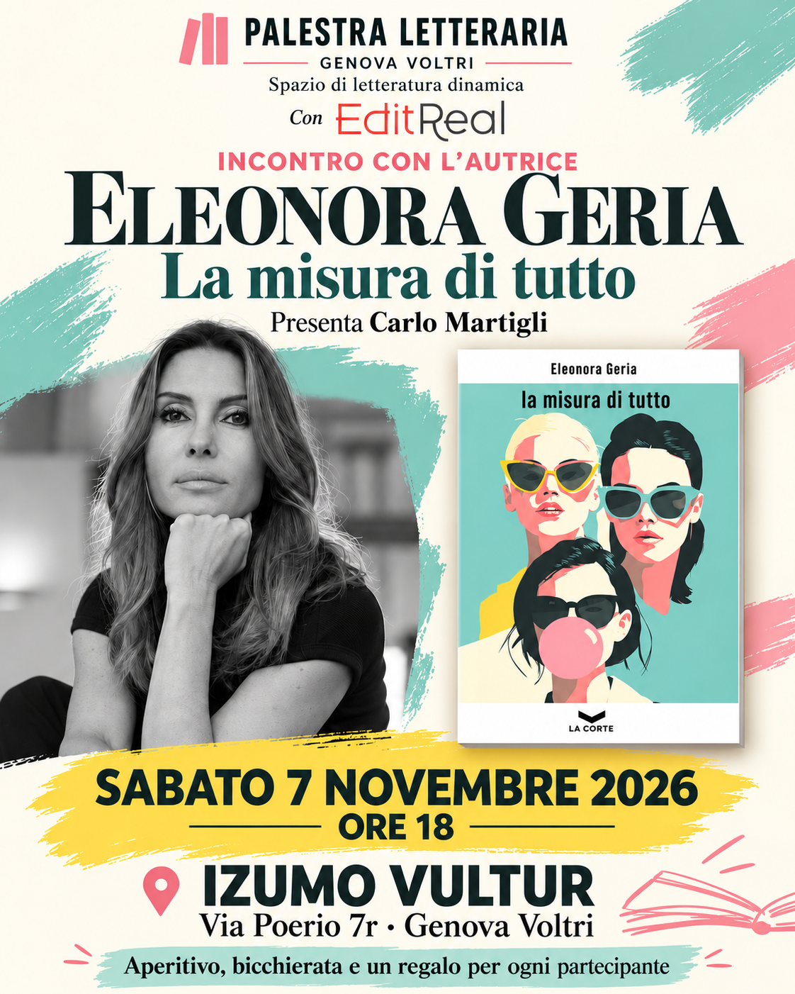Invito alla presentazione di Eleonora Geria: 7 novembre 2026 alle 18, Izumo Vultur, via Poerio 7r, Genova Voltri. Presenta Carlo Martigli.