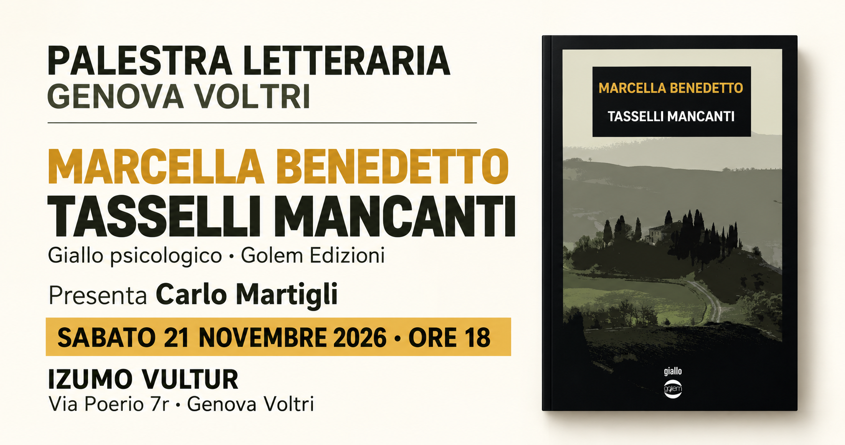 Copertina orizzontale per l’evento Facebook di Marcella Benedetto e Tasselli mancanti, 21 novembre 2026 ore 18, Palestra Letteraria Genova Voltri