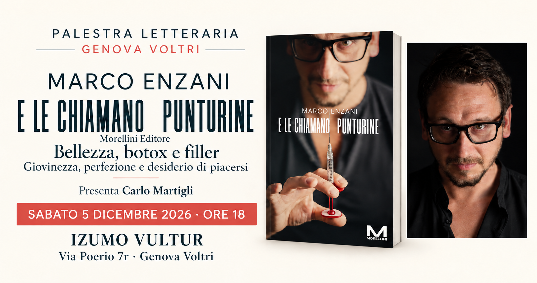 Copertina per l’evento Facebook: incontro con Marco Enzani ed E le chiamano punturine, 5 dicembre 2026 ore 18, Palestra Letteraria Genova Voltri