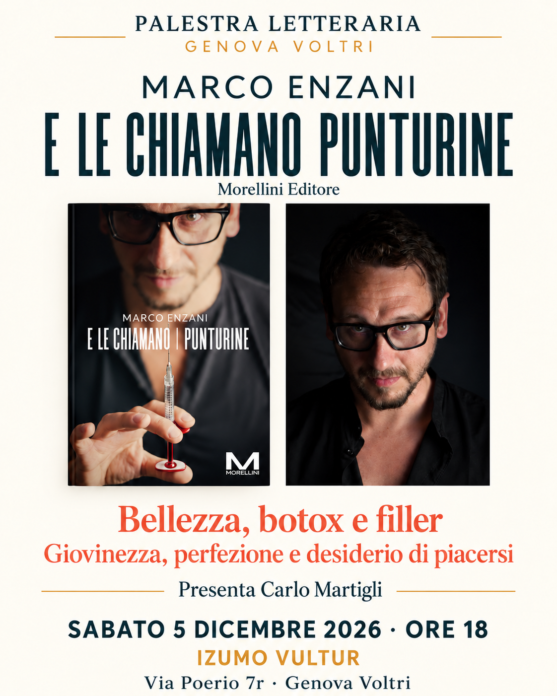 Locandina: Marco Enzani, E le chiamano punturine, Morellini Editore; 5 dicembre 2026 ore 18, presenta Carlo Martigli, Izumo Vultur via Poerio 7r Genova Voltri