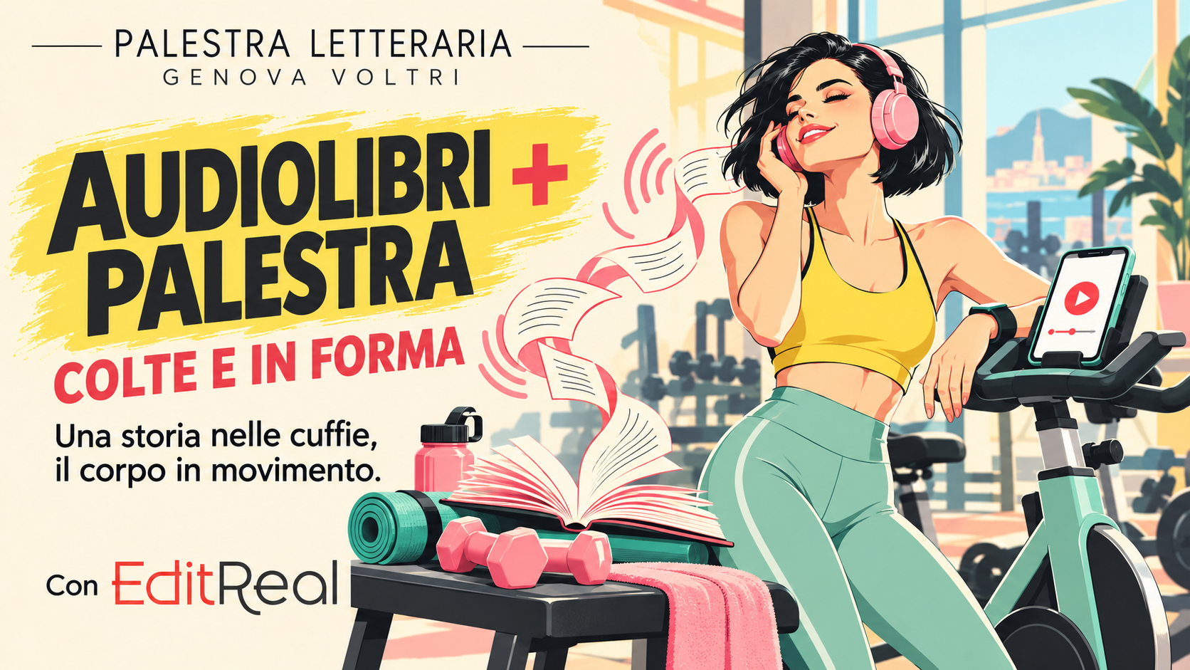 Illustrazione pop: una donna con cuffie rosa accanto a una cyclette, libri e manubri; Audiolibri e palestra, colte e in forma, con EditReal.