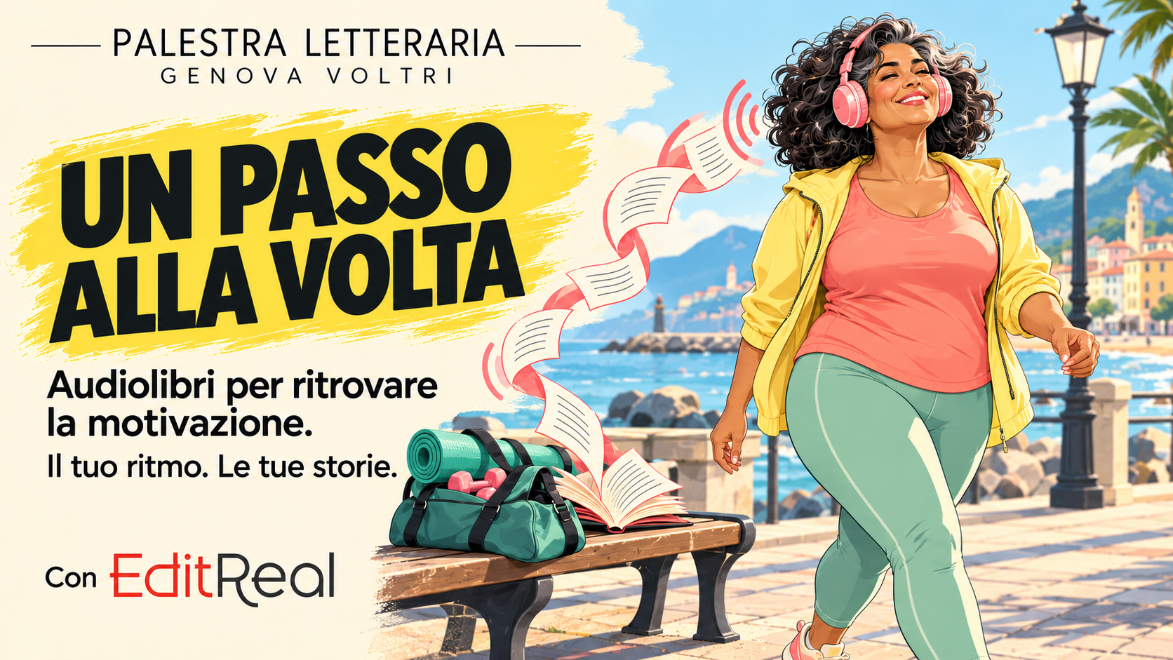 Una donna con forme morbide, capelli ricci con fili d’argento e cuffie rosa cammina sul lungomare; Un passo alla volta, Palestra Letteraria Genova Voltri con EditReal.