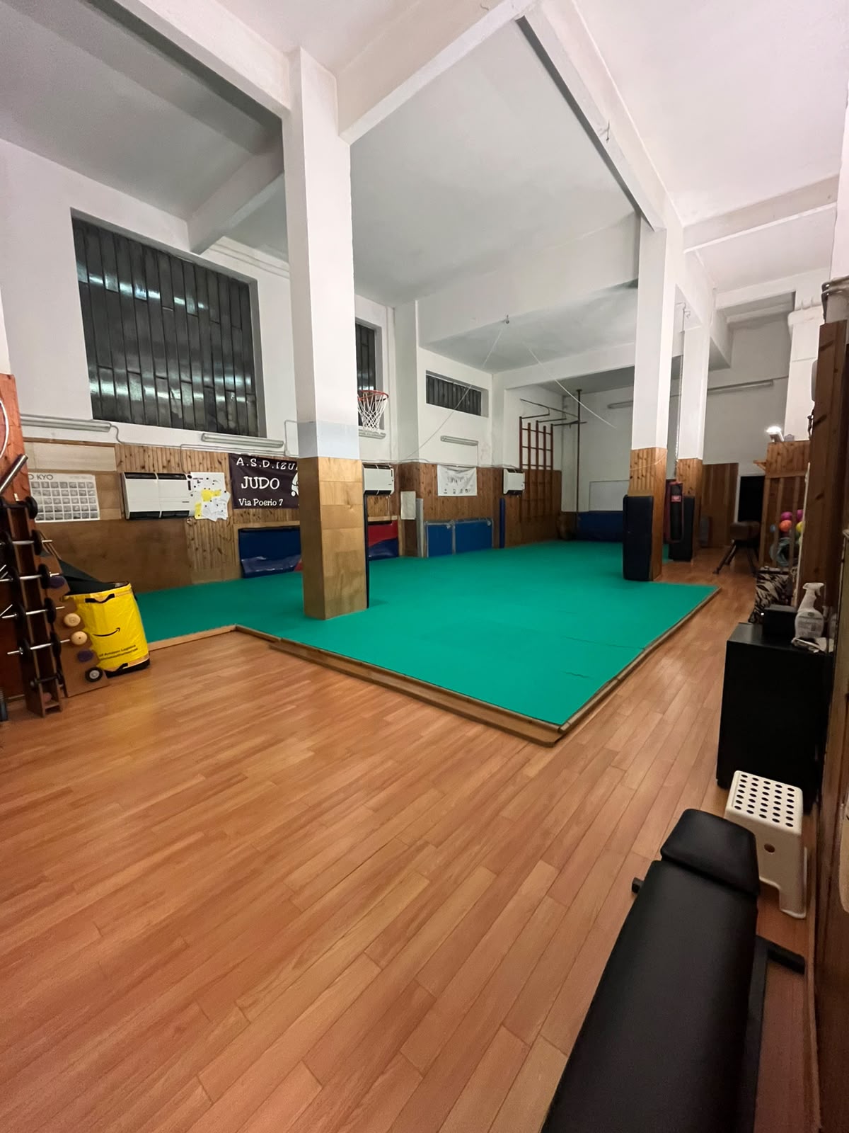 Gli interni della palestra Izumo Vultur a Genova Voltri: tatami verde, parquet e attrezzi.