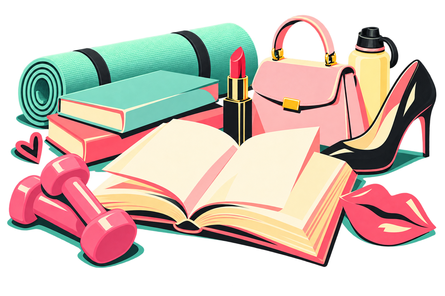 Libri, manubri rosa, tappetino, borraccia, rossetto, borsa e tacchi in una composizione pop.