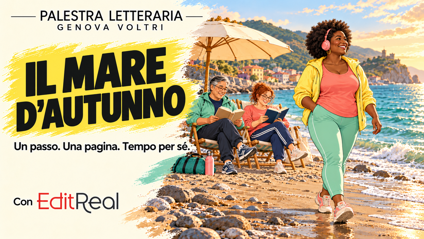 Tre persone di età, carnagioni e corporature diverse sulla spiaggia: una donna cammina con le cuffie, due amici leggono all’ombra; Palestra Letteraria Genova Voltri con EditReal.