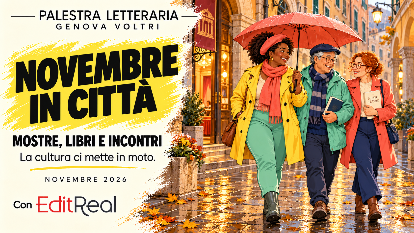 Tre amici sorridenti di età, carnagioni e corporature diverse, con cappelli, capelli raccolti e abiti autunnali curati, condividono un ombrello in una strada bagnata; Palestra Letteraria Genova Voltri con EditReal.