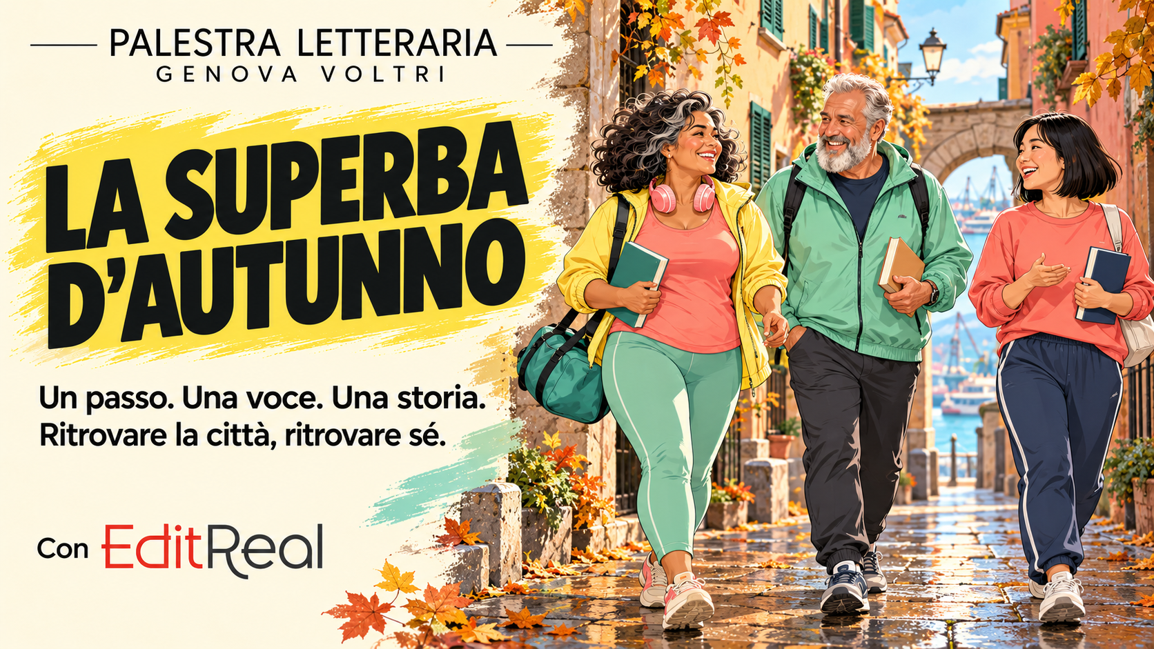 Tre amici di età e corporature diverse camminano con i libri fra vicoli liguri d’autunno; Palestra Letteraria Genova Voltri con EditReal.
